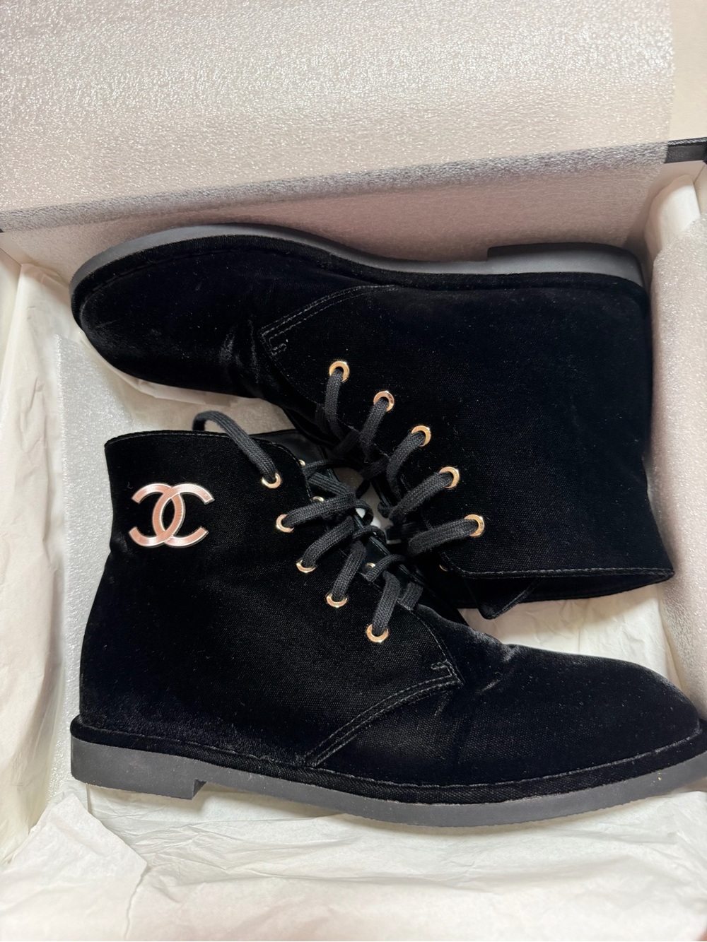 AUTHENTIC Chanel Black Velvet Lace-Up Ankle Short Boots